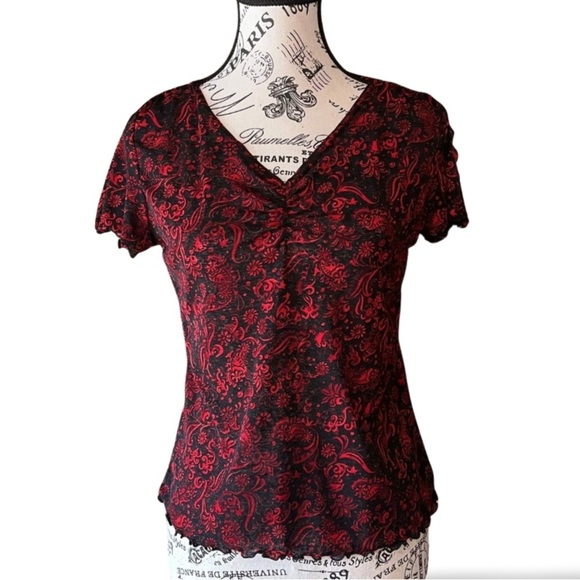 Y2K Carol Rose Black and Red Mesh Paisley Top Size Large - Picture 1 of 4